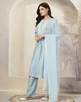 Solid A-Line Nylon Viscose Kurta Set with Palazzo & Chiffon Dupatta