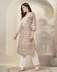 Patch Printed A-Line Cotton Cambric Kurta with Embroidery & Palazzo