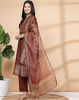 Floral Printed A-Line Poly Chanderi Kurta Set with Dupatta