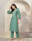 Bandhani Printed Poly Linen A-Line Kurta Set with Zari Embroidery
