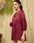 Solid Embroidered Flared Rayon Kurti