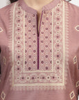 Geometric Printed A-Line Poly Chanderi Kurta Set with Dupatta