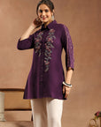 Solid A-Line Crepe Tunic with Thread Embroidery & Lace Detail