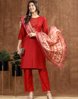Solid Poly Silk A-Line Kurta Set with Khadi Silk Printed Dupatta