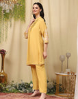 Pleated Crepe Kurta Set with Floral Embroidery & Lace-Hem Palazzo