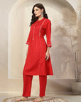 Solid A-Line Poly Viscose Kurta with Mandarin Collar & Embroidery