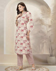 Patch Printed Cotton Cambric Kurta with Embroidery & Striped Palazzo