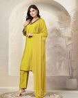 Self Dobby A-Line Poly Viscose Kurta Set with Lace Detailing & Dupatta