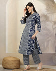 Floral Printed Cotton A-Line Kurta with Embroidery & Palazzo Set