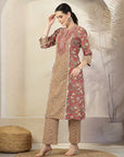 Floral Printed Cotton A-Line Kurta with Embroidery & Palazzo Set