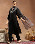 Thread Embroidered Rayon Kurta Set with Lace Sleeves & Printed Dupatta