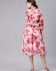 Floral Printed Chiffon Fit & Flare Midi Dress with Lace Detailing