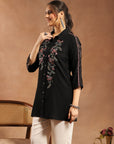 Solid A-Line Crepe Tunic with Thread Embroidery & Lace Detail