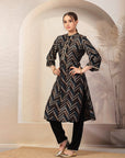 Stripe Printed A-Line Poly Viscose Kurta Set with Zari Embroidery