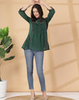 Green embroidered georgette top with mandarin collar & 3/4th sleeves