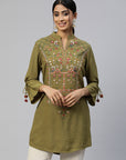 Olive Viscose Kurti with Mandarin Collar & Embroidered Yoke