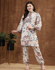 Orange Floral Kurta Set with Mandarin Collar & Laced Bell Sleeves