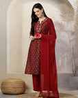 Floral Printed Poly Viscose Kurta Set with Zari Embroidery & Dupatta
