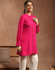 Solid A-Line Viscose Rayon Tunic with Embroidery & Lace Cuff