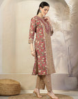 Floral Printed Cotton A-Line Kurta with Embroidery & Palazzo Set