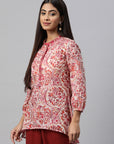 Floral Printed Longline Cotton Top with Mirror Embroidery