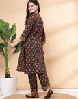 Floral Printed A-Line Cotton Kurta with Mandarin Collar & Palazzo