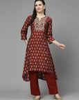 Ethnic Motif Printed A-Line Modal Chanderi Kurta Set with Zari Embroidery