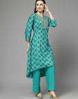 Ethnic Motif Printed A-Line Modal Chanderi Kurta Set with Zari Embroidery