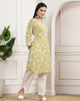 Floral Cotton Kurta Set with Button Placket & Lace-Detailed Palazzo Hem