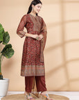 Floral Printed A-Line Poly Chanderi Kurta Set with Dupatta