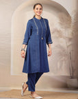 Solid A-Line Poly Viscose Kurta with Mandarin Collar & Embroidery