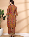 Floral Printed A-Line Cotton Kurta with Mandarin Collar & Palazzo