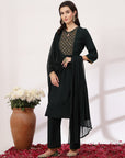 Solid Flared Poly Viscose Kurta Set with Embroidery & Chiffon Dupatta