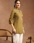 Olive Viscose Kurti with Mandarin Collar & Embroidered Yoke