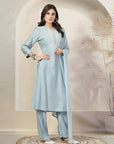 Solid A-Line Nylon Viscose Kurta Set with Palazzo & Chiffon Dupatta
