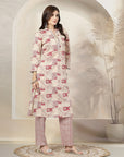 Patch Printed Cotton Cambric Kurta with Embroidery & Striped Palazzo