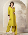 Self Dobby A-Line Poly Viscose Kurta Set with Lace Detailing & Dupatta