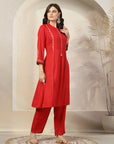 Solid A-Line Poly Viscose Kurta with Mandarin Collar & Embroidery
