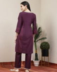 Solid A-Line Cotton Linen Kurta with Embroidery & Palazzo Set