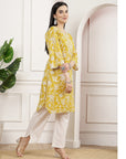 Floral Cotton Kurta Set with Button Placket & Lace-Detailed Palazzo Hem