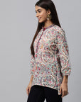 Floral Printed Longline Cotton Top with Mirror Embroidery