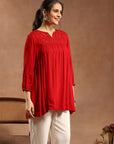 Solid A-Line Viscose Rayon Tunic with Mirror Embroidery