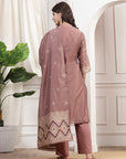 Geometric Printed A-Line Poly Chanderi Kurta Set with Dupatta