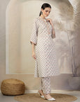 Abstract Printed A-Line Cotton Cambric Kurta with Embroidery & Palazzo