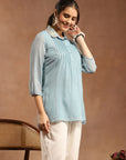 Solid Chiffon Tunic with Mirror Embroidery & Shirt Collar