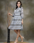 Floral Printed Poly Georgette Flared Dress with Mandarin Collar