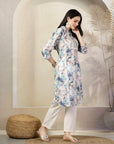 Floral Printed A-Line Poly Muslin Kurta with Schiffli Lace & Palazzo