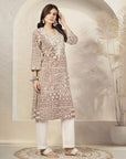 Patch Printed A-Line Cotton Cambric Kurta with Embroidery & Palazzo