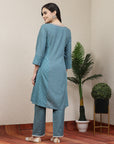 Solid A-Line Cotton Linen Kurta with Embroidery & Palazzo Set