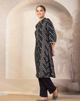 Stripe Printed A-Line Poly Viscose Kurta Set with Zari Embroidery
